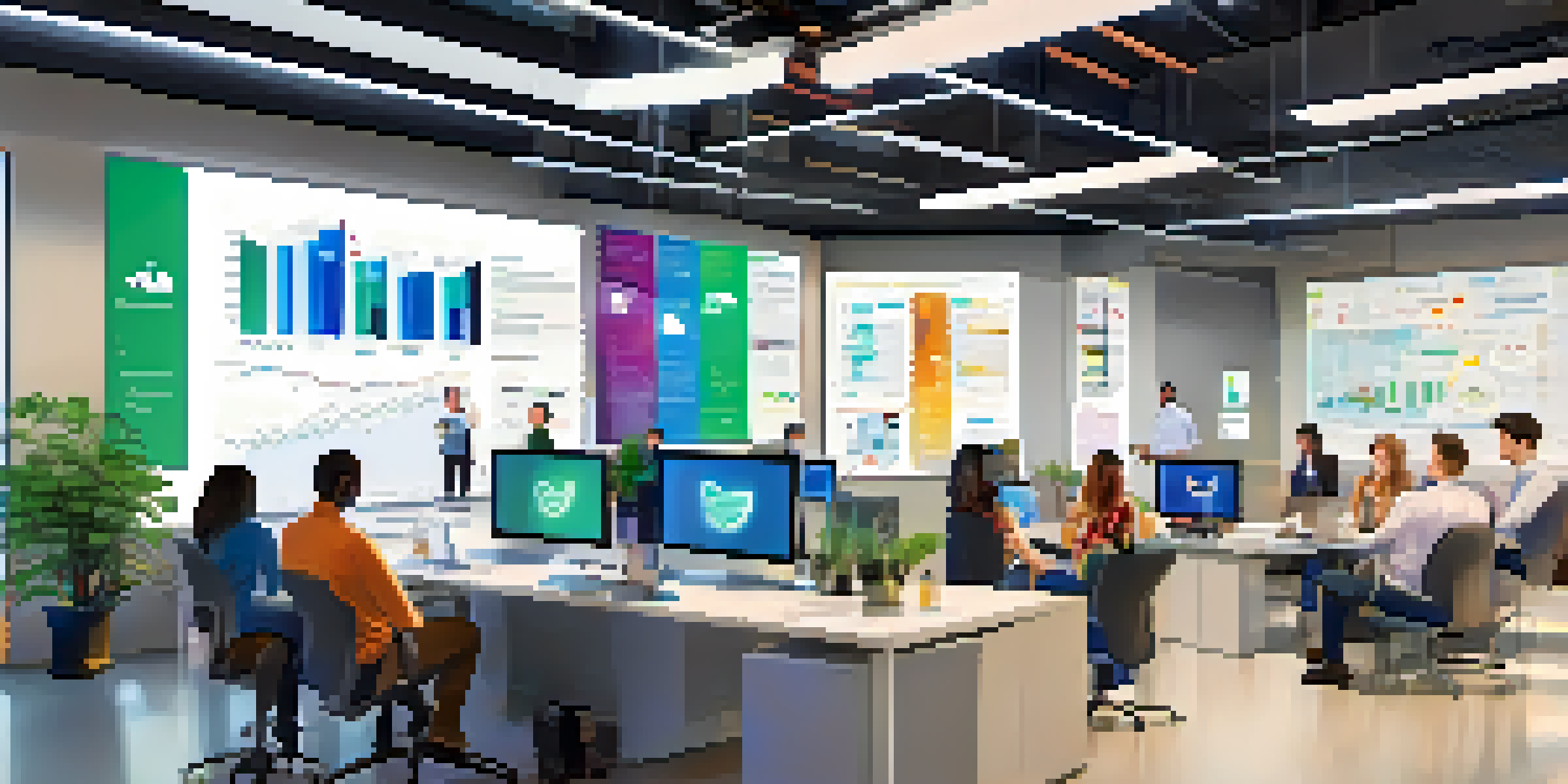 A diverse group of professionals discussing social media analytics in a bright office setting, featuring a large screen with colorful graphs.