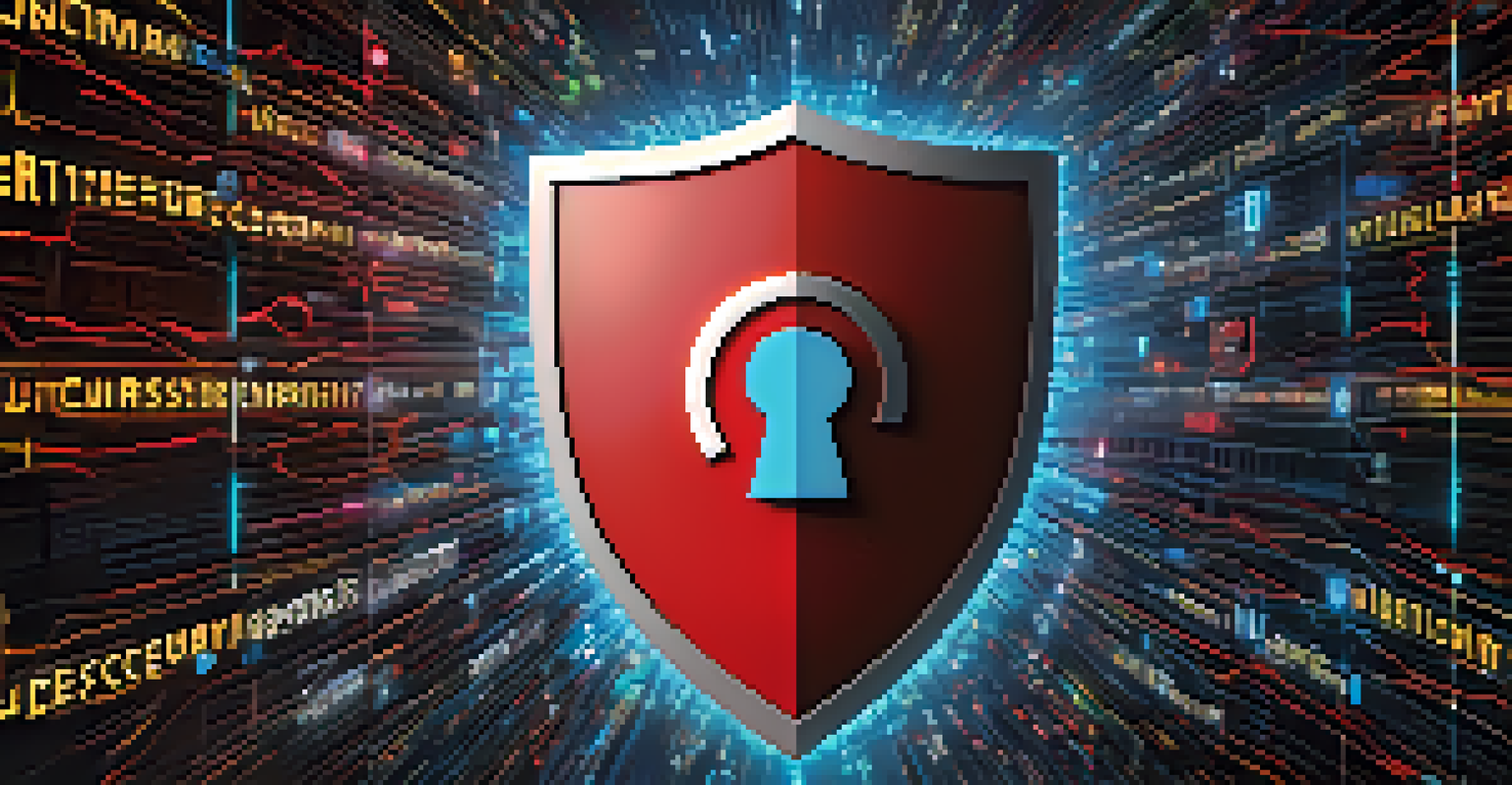 An artistic representation of cybersecurity vulnerabilities, including a cracked digital shield with symbols of weak passwords and unpatched software, set against a dark, binary code background.