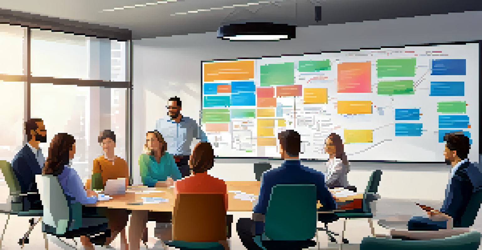 A team of employees discussing knowledge management systems in a conference room, with a whiteboard filled with colorful diagrams.
