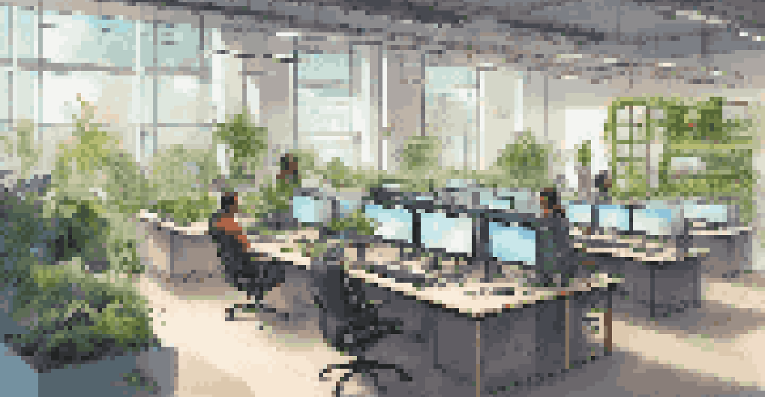 Inside a modern game development studio, developers work at desks made from recycled materials surrounded by greenery and energy-efficient technology.