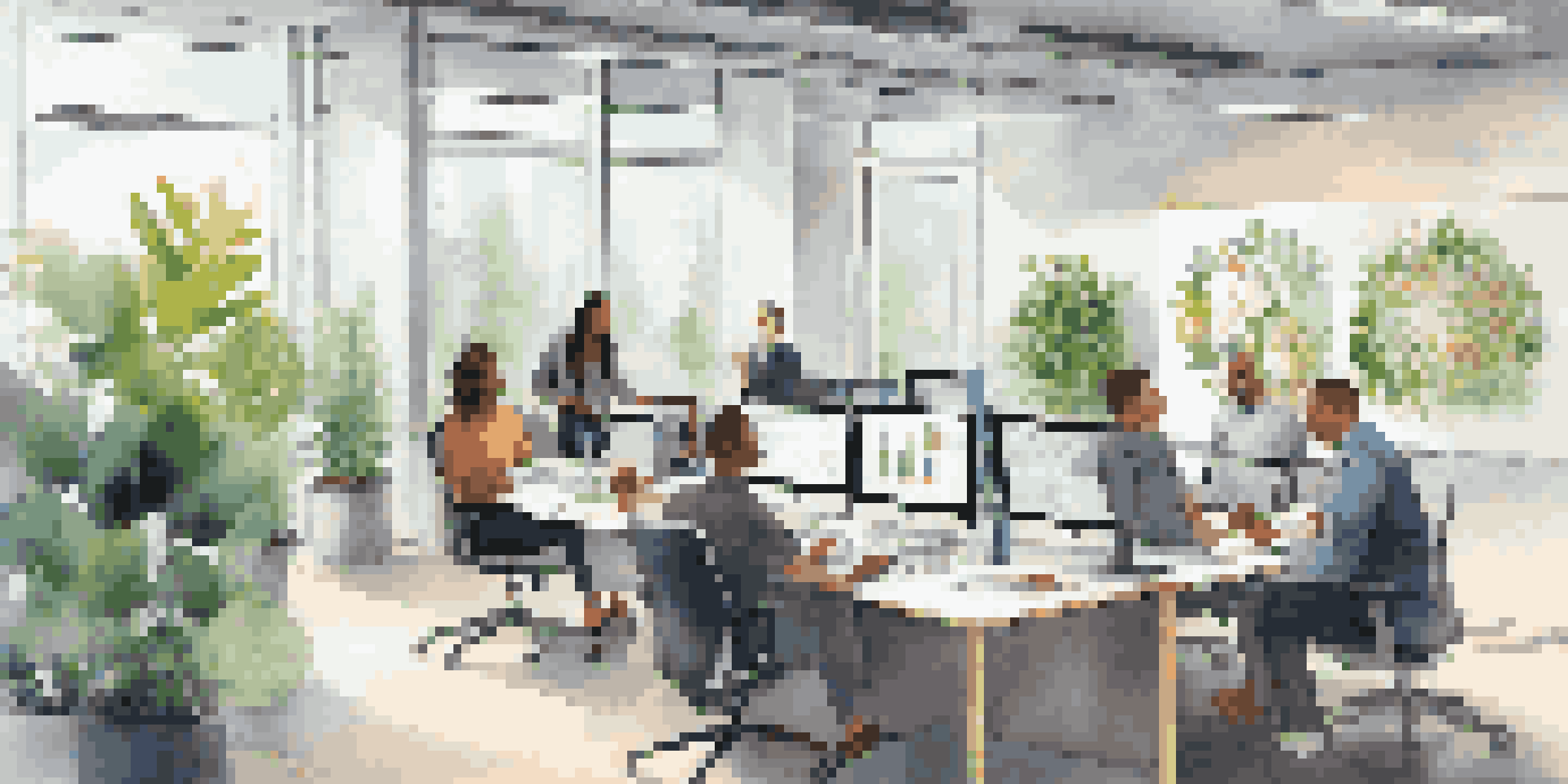 A diverse group of professionals in a modern office collaborating during a meeting, with a digital screen showing analytics data and large windows letting in natural light.