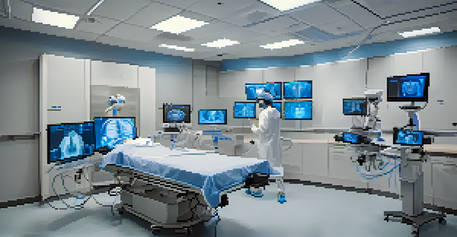 A medical student engaged in virtual surgery training, wearing a VR headset and using virtual instruments in a high-tech environment.