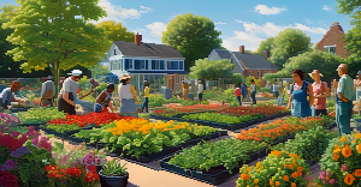 A community garden scene illustrating collaboration among individuals tending to plants in a lush setting.