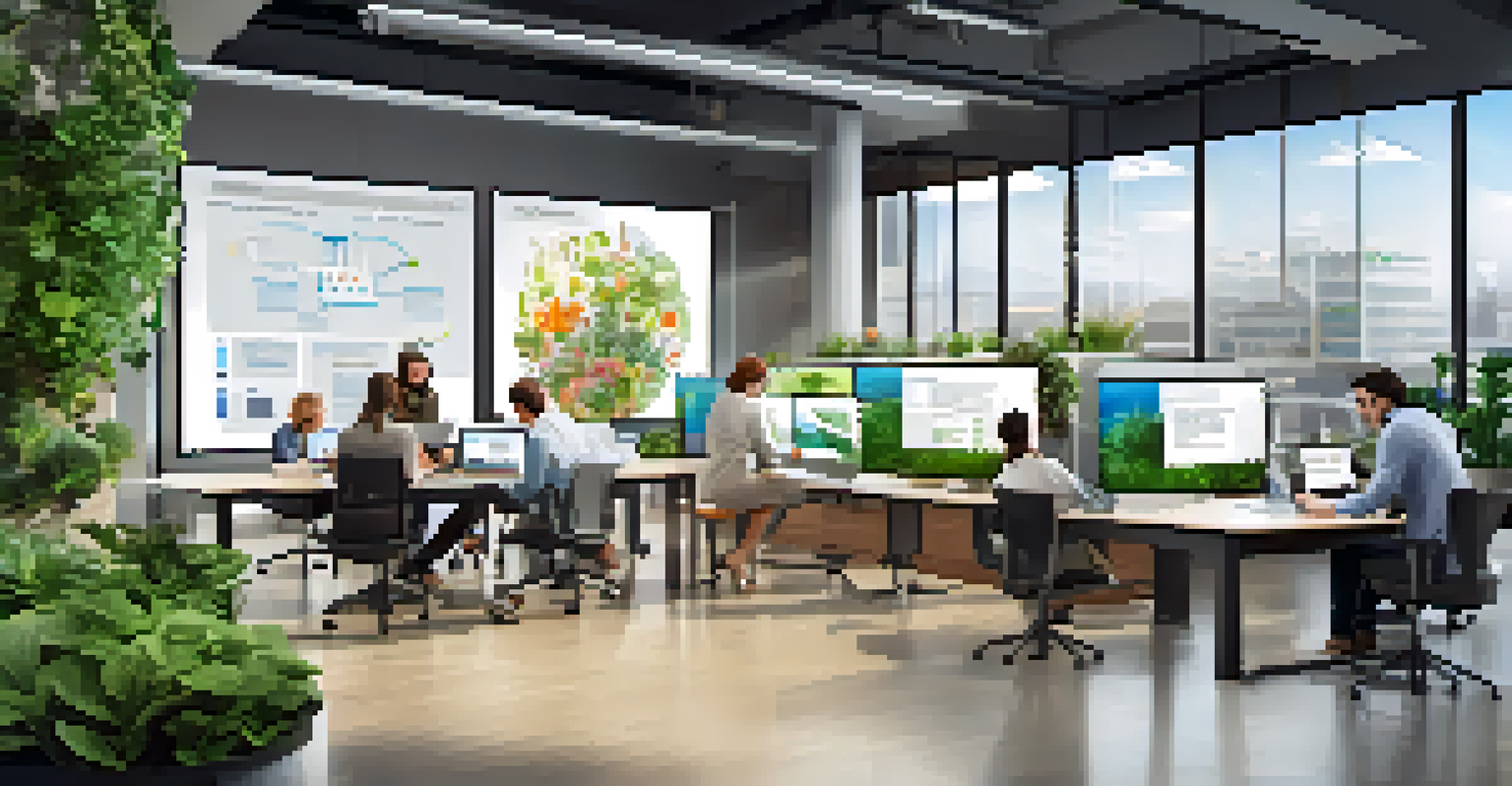 Employees collaborating in a modern workspace with interactive screens, showcasing teamwork and IoT technology.