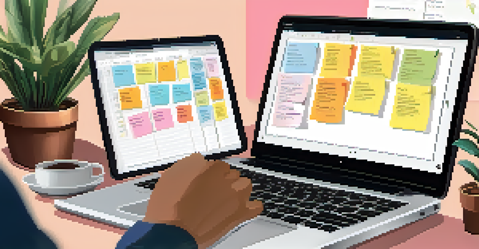 A close-up of hands typing on a laptop showing a collaborative project management tool, with sticky notes and a coffee mug in the background.