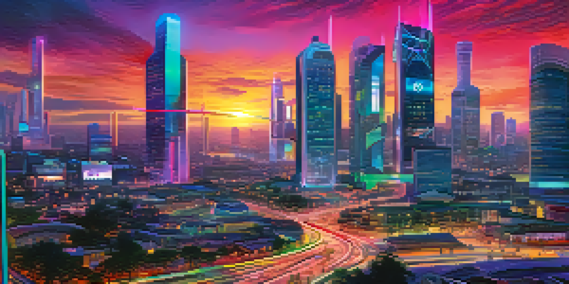 A vibrant futuristic city with smart buildings and interconnected IoT devices illuminated by neon colors at sunset.