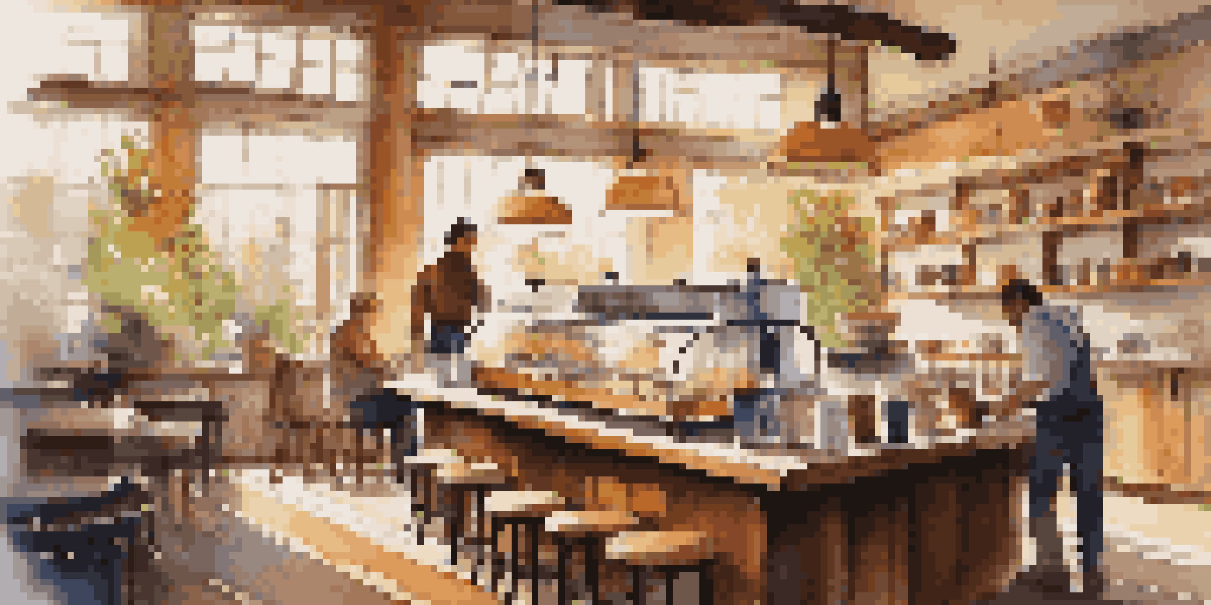 A warm and inviting coffee shop with a barista making a latte, bright window light illuminating the cozy decor.