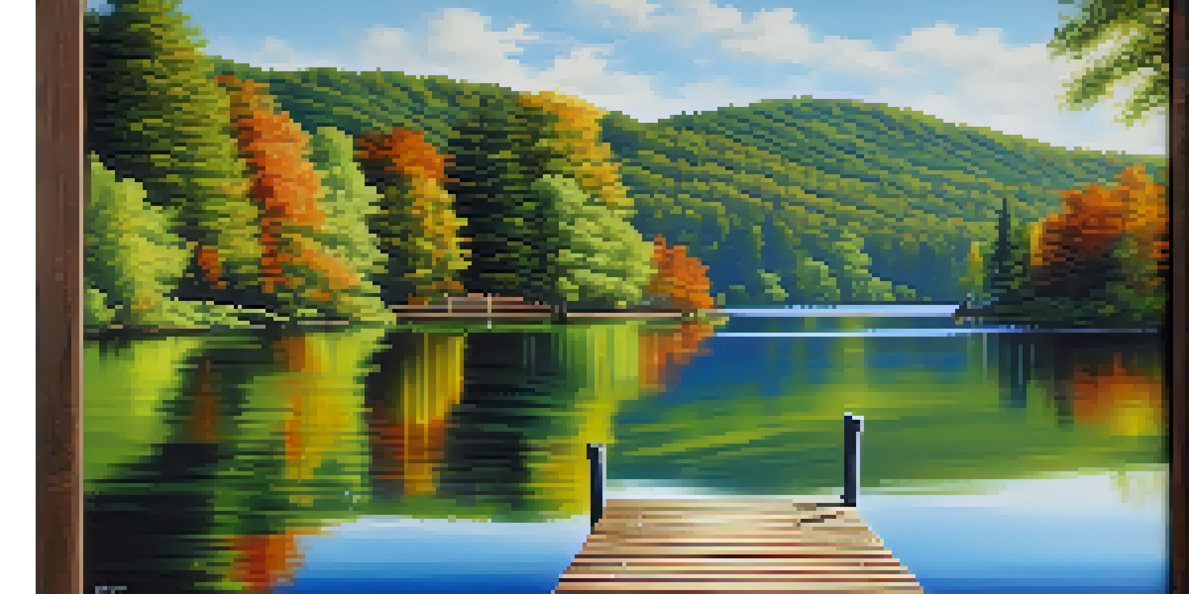 A tranquil lake surrounded by green trees and mountains with a clear sky above, featuring a small wooden dock.