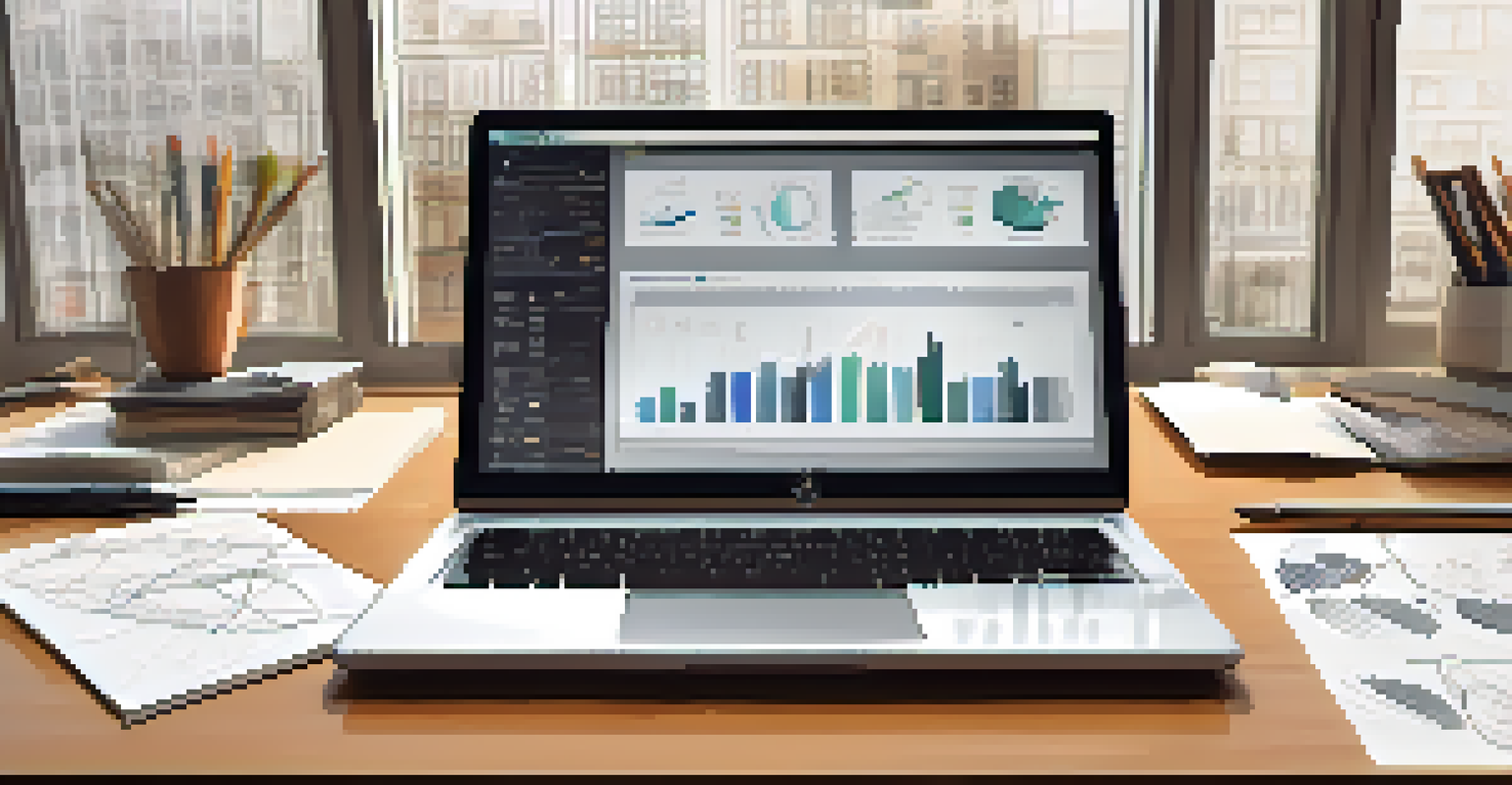 A workspace featuring a laptop with a data dashboard, a tablet showing a bar chart, and a notepad with graph sketches, all illuminated by natural light.