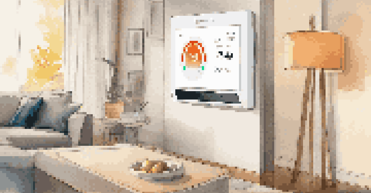 A close-up of a smart thermostat displaying energy data in a cozy living room with warm lighting.