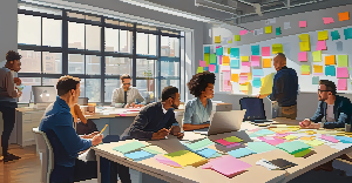 A diverse group of professionals collaborating in a bright workspace with laptops and sticky notes.