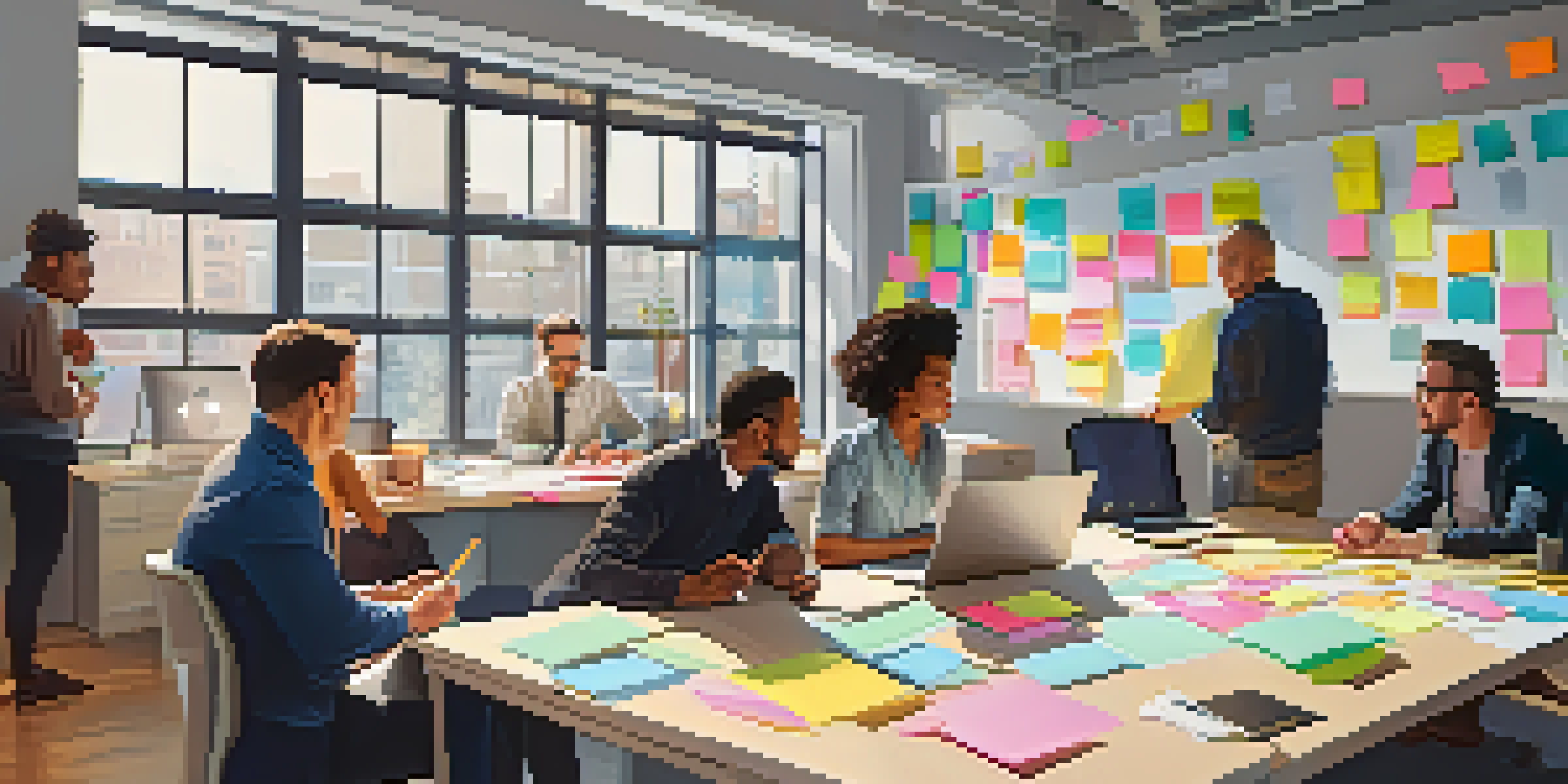 A diverse group of professionals collaborating in a bright workspace with laptops and sticky notes.