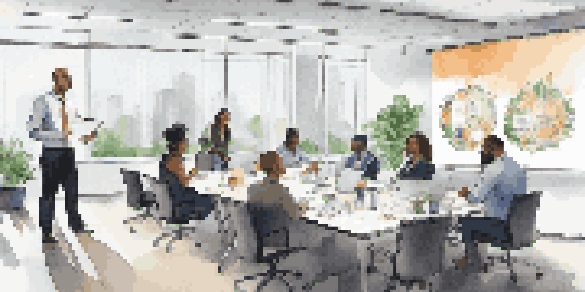 A diverse team in an office setting engaged in a compliance training session with a projector screen displaying charts.