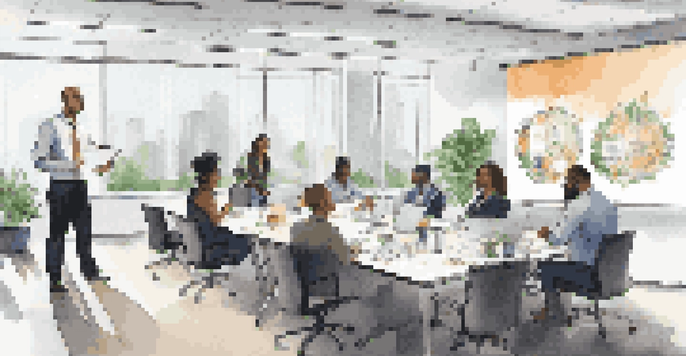 A diverse team in an office setting engaged in a compliance training session with a projector screen displaying charts.