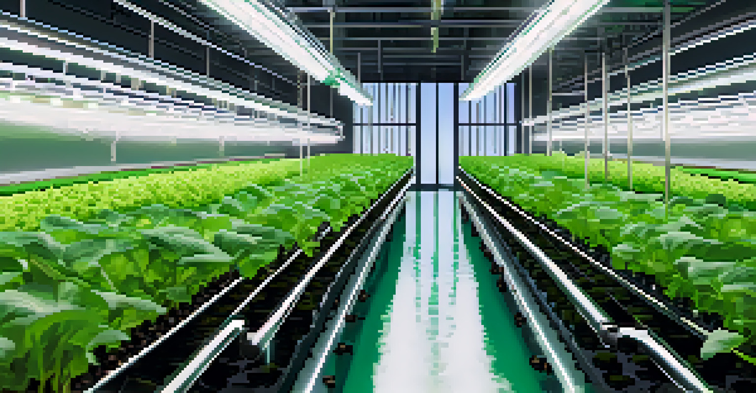 A modern indoor hydroponic farm with vertical layers of green plants illuminated by LED lights.