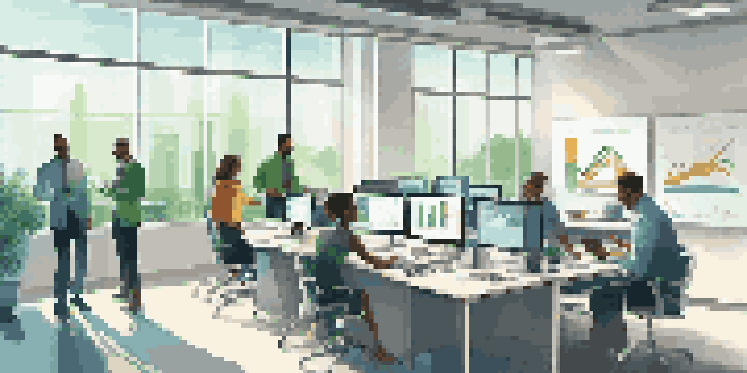 A diverse group of employees collaborating in a modern office, analyzing data and discussing performance metrics with charts displayed on a screen.