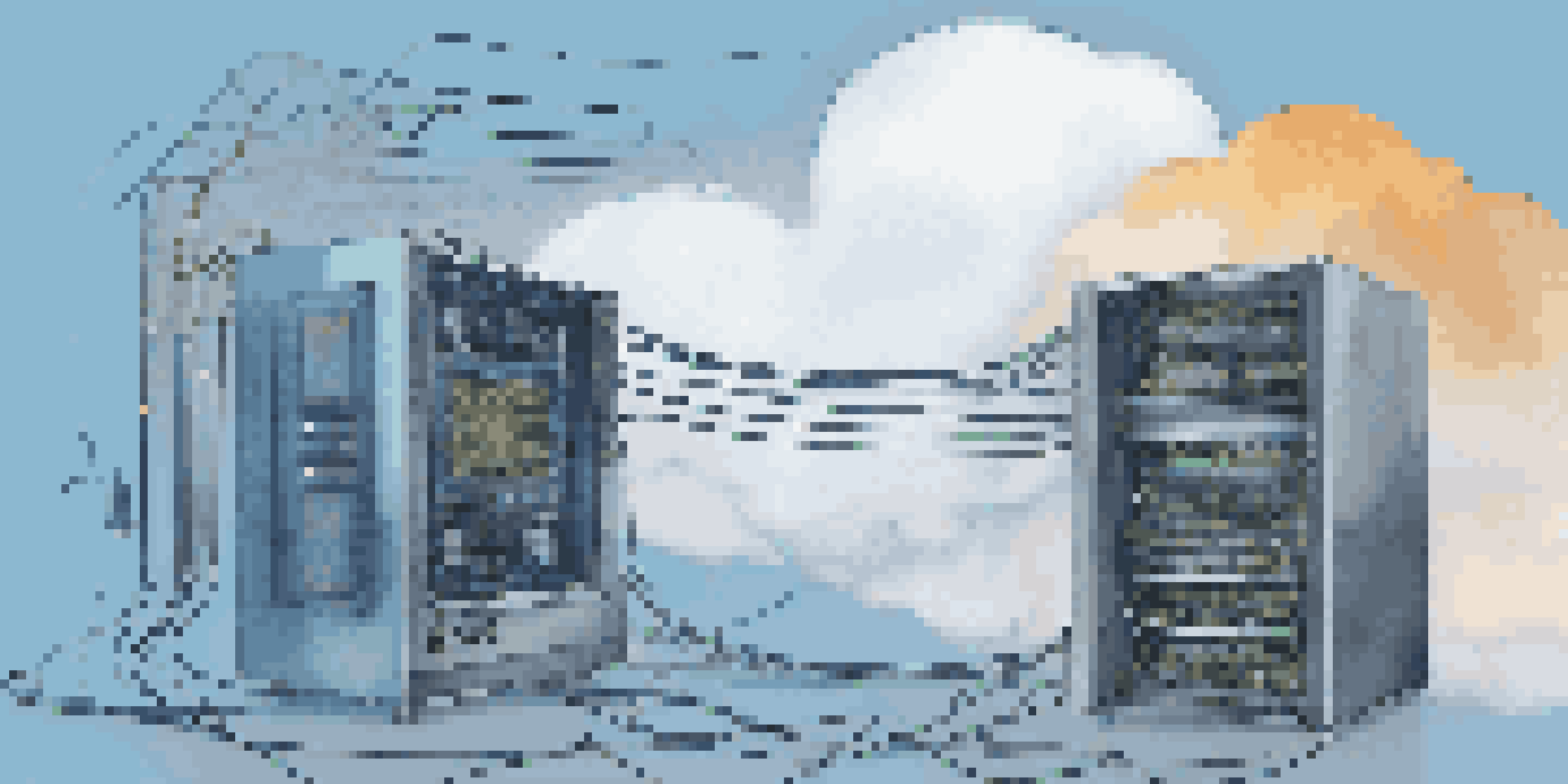 A split-screen image depicting modern cloud computing on one side and an old legacy system on the other, illustrating the contrast between new and old technology.