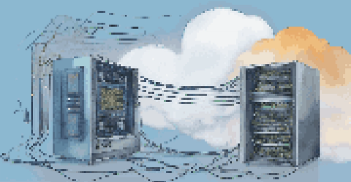 A split-screen image depicting modern cloud computing on one side and an old legacy system on the other, illustrating the contrast between new and old technology.