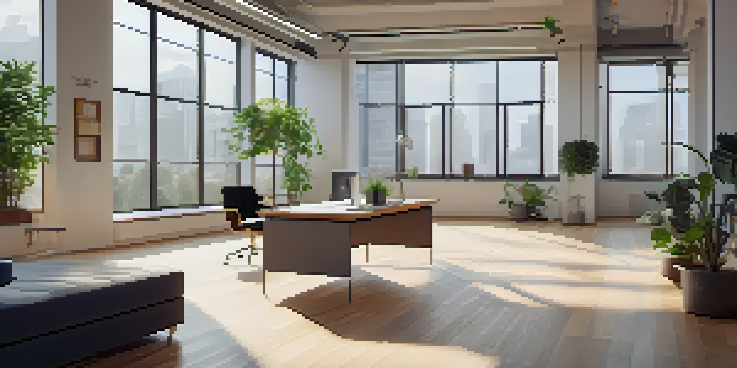 A bright and modern office with a desk, computer, and plant, showcasing a chatbot interface on the screen.