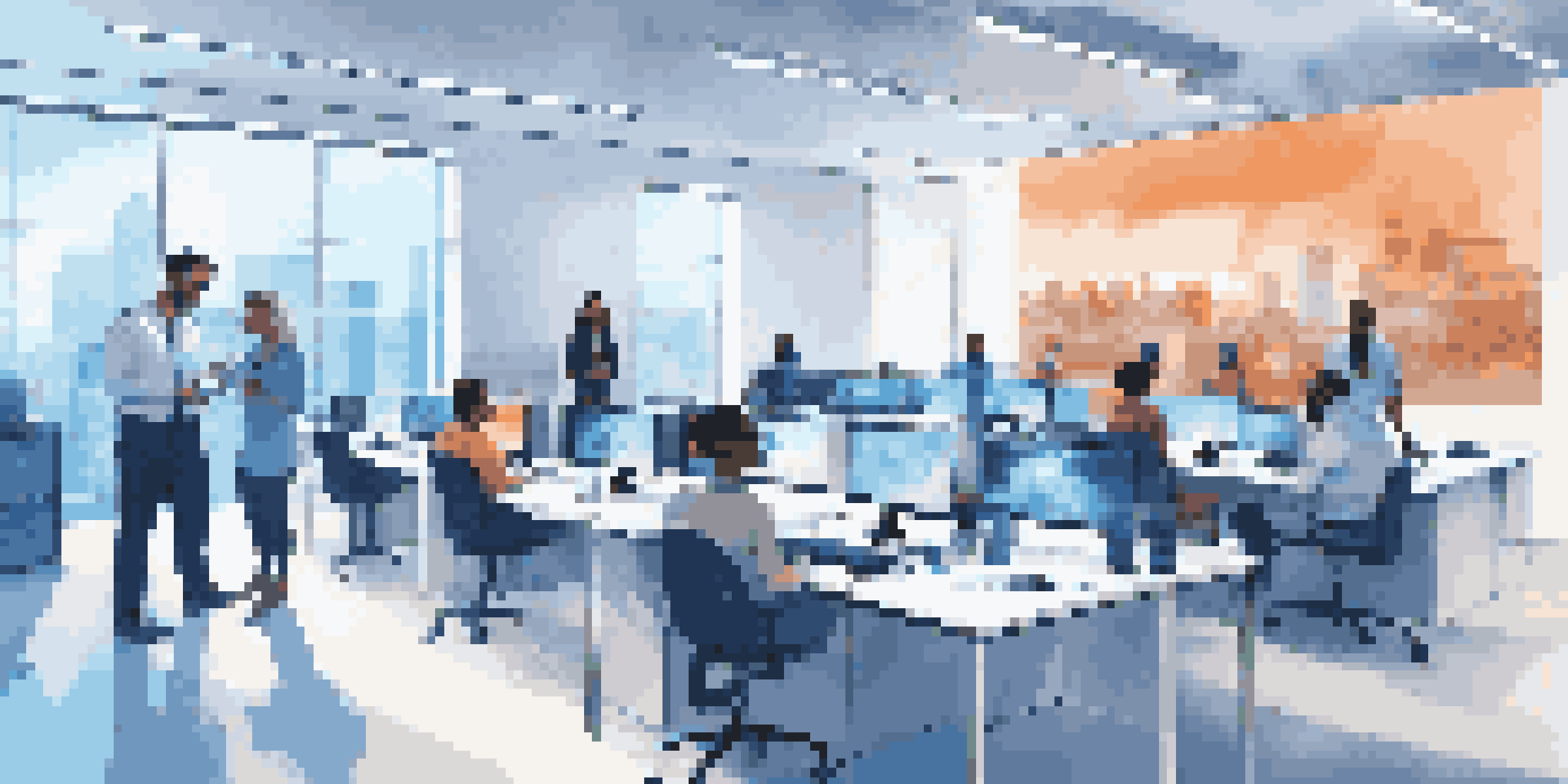 A modern office training room with employees using virtual reality headsets for customer service training.