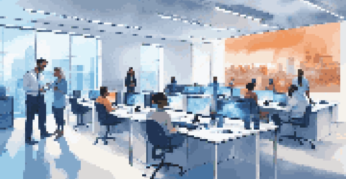 A modern office training room with employees using virtual reality headsets for customer service training.