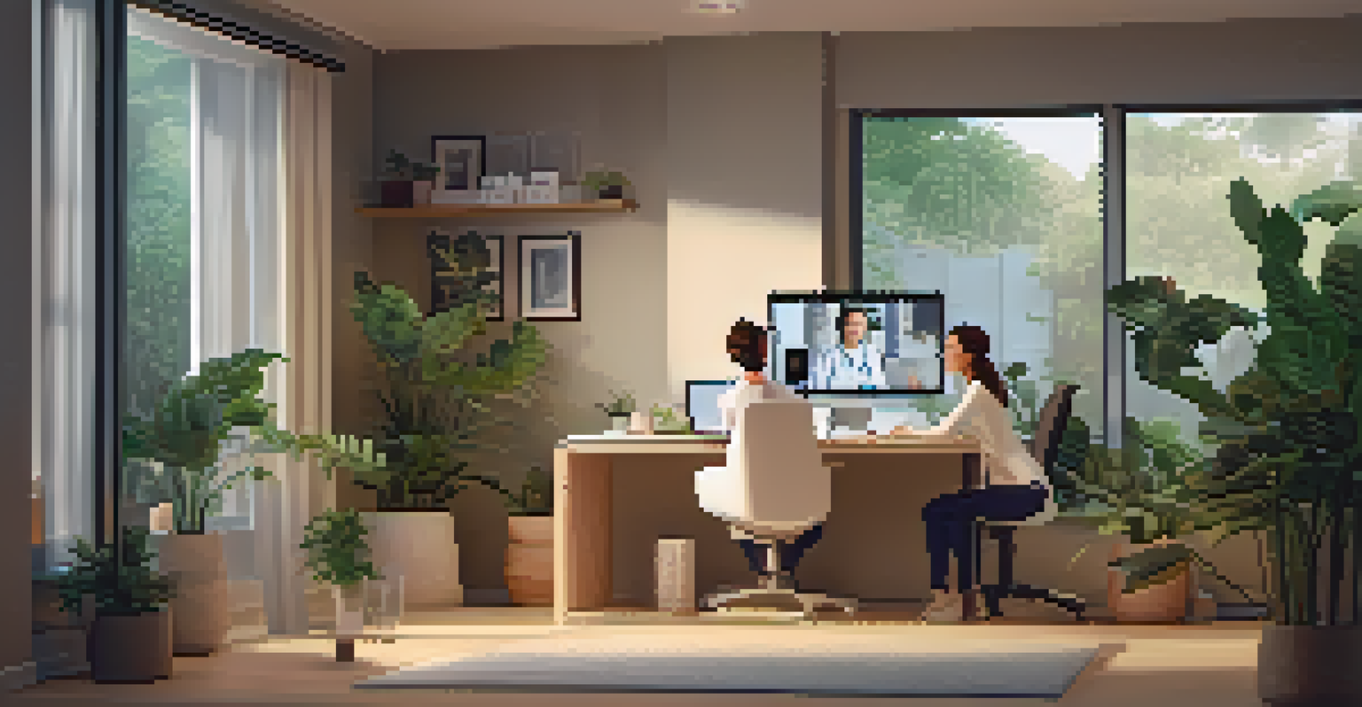 A healthcare professional conducting a telemedicine consultation via laptop in a modern home office.
