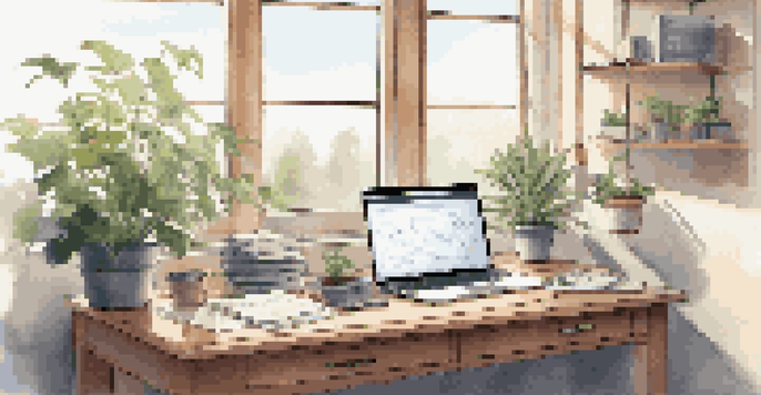 A modern office desk with a laptop showing cybersecurity graphs, a notepad, and a potted plant, illuminated by natural light.
