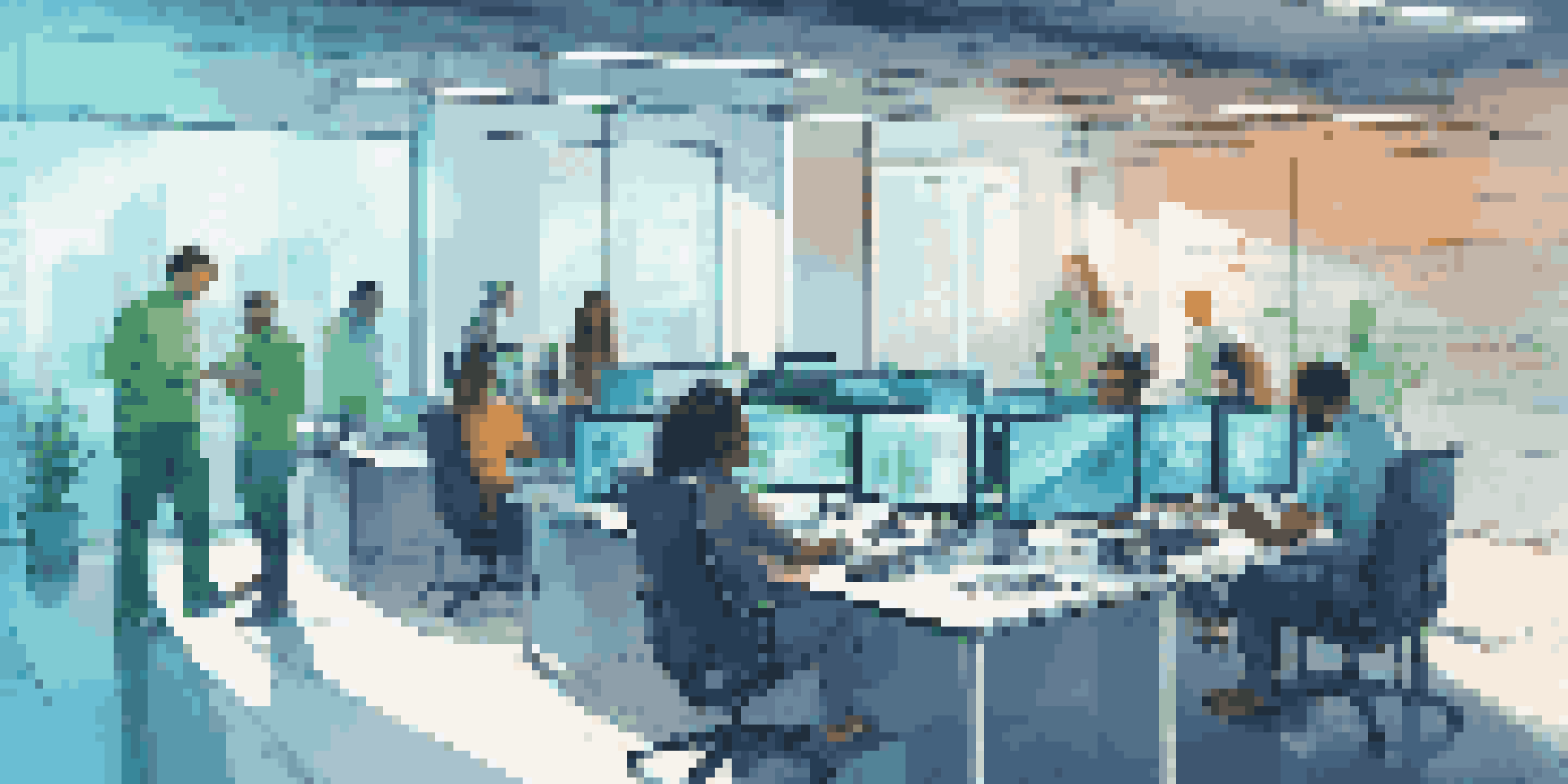 A diverse software development team working together in a bright, modern office space, with screens showing code and CI/CD graphics.