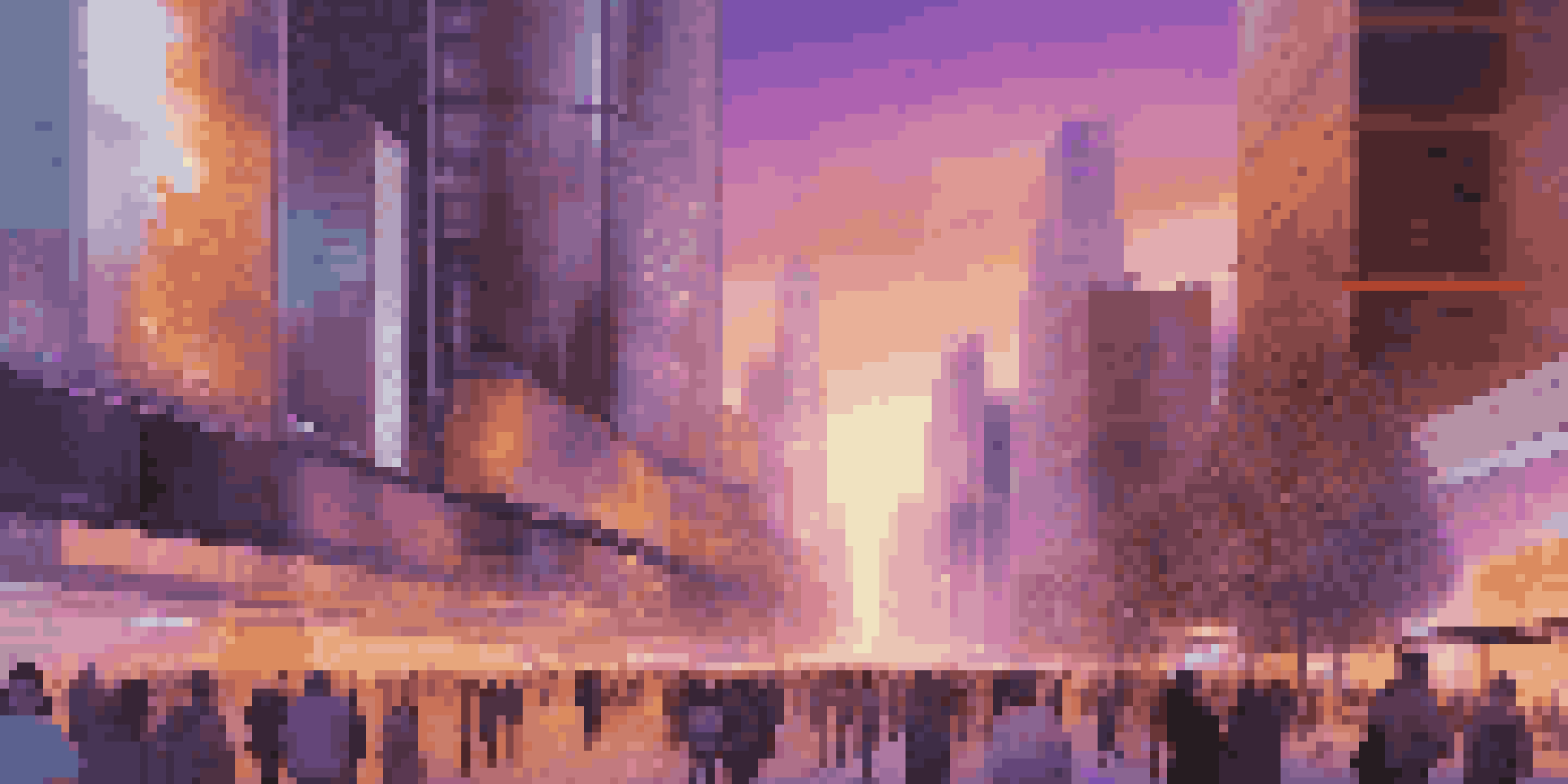 A futuristic cityscape with holographic data overlays representing digital twins technology. The sunset sky adds warm colors, and busy streets show pedestrians and high-tech vehicles.
