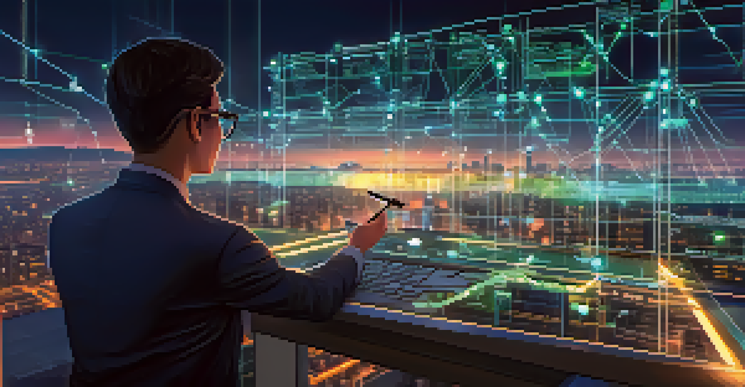 An illustration of a smart contract execution on a blockchain with code on a digital screen and blockchain nodes, set against a city skyline.