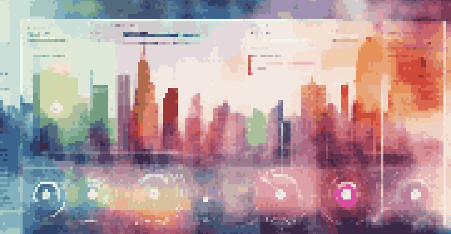 A digital data dashboard filled with colorful graphs and charts, set against a blurred city background.