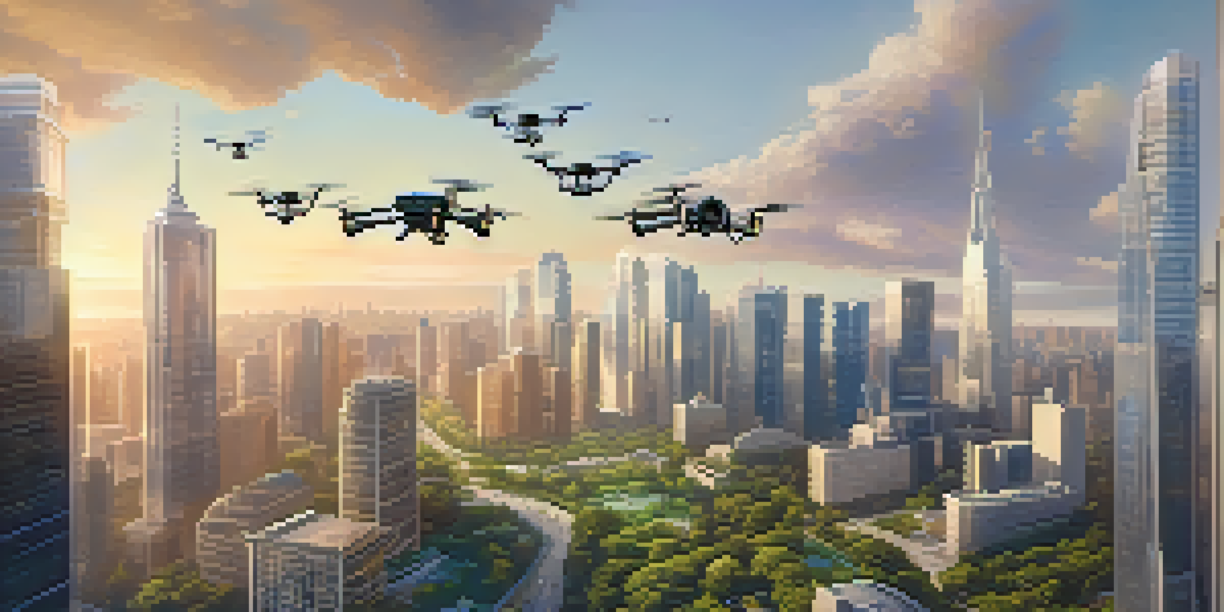 Aerial view of a city with drones flying above skyscrapers and green parks during golden hour.
