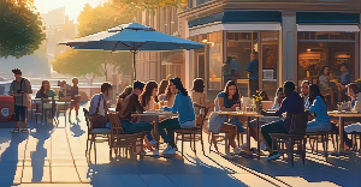 Group of friends at an outdoor café, engaging with their smartphones as the sun sets in the background.