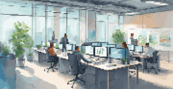 A bright and modern office with diverse employees working together at a large table, digital screens in the background displaying data.