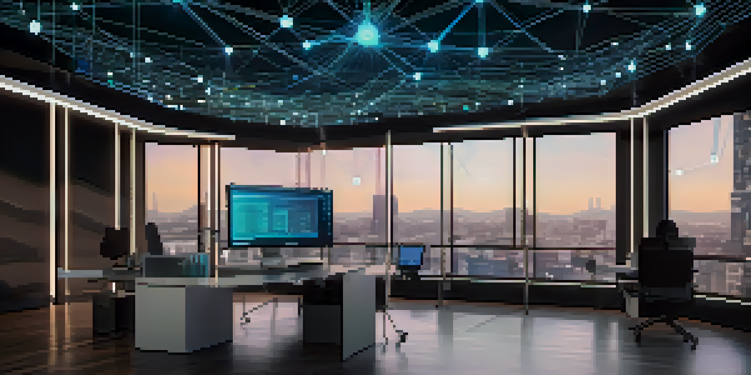 A modern digital workspace with a computer displaying smart contract code and abstract blockchain graphics in the background.