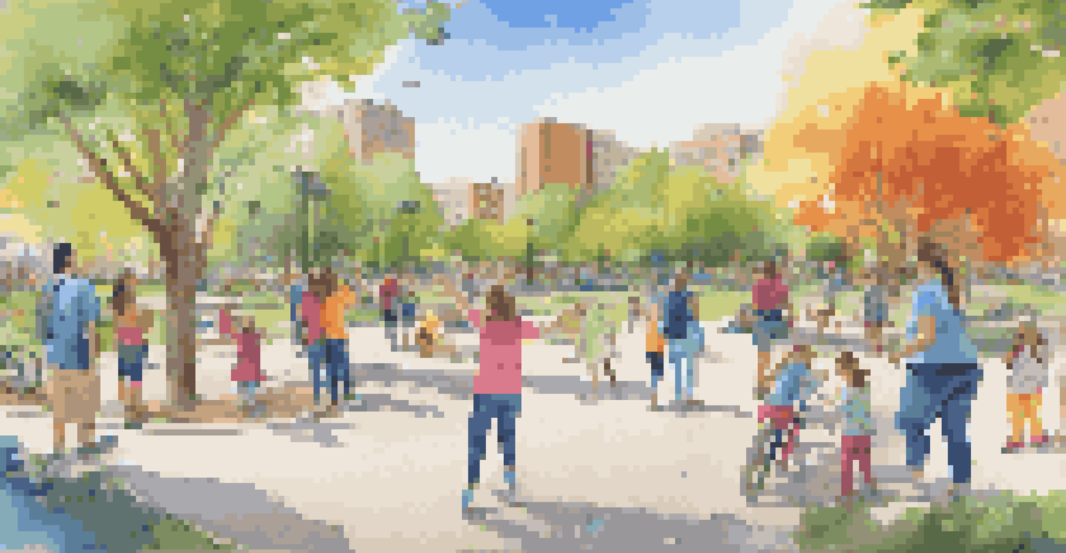 Families in a park participating in an augmented reality scavenger hunt, looking for emergency supplies with digital markers in their environment.