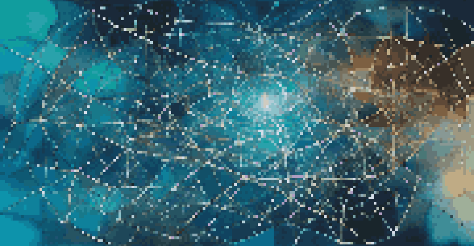 An abstract image depicting quantum encryption with interconnected lines and glowing orbs on a blue and teal gradient background.
