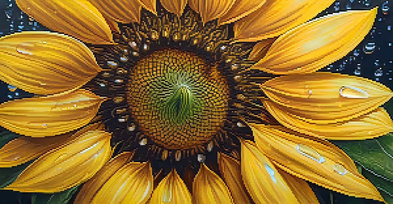 A close-up view of a bright sunflower with dew drops on its petals.