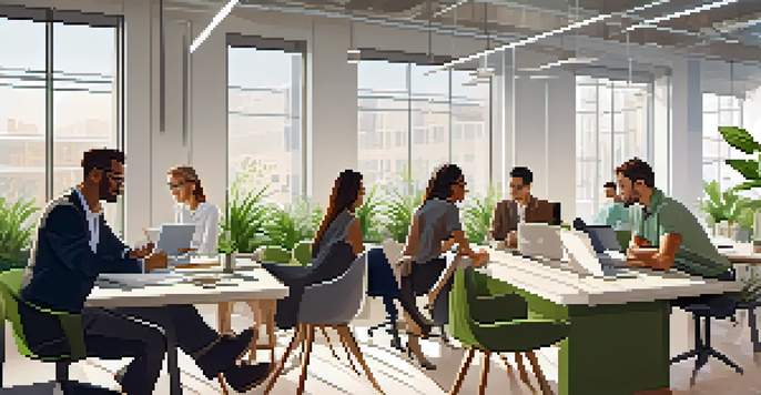 A diverse group of professionals collaborating in a modern office space filled with natural light and greenery.