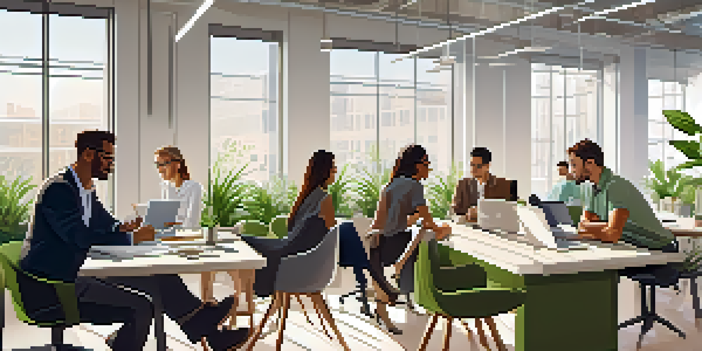 A diverse group of professionals collaborating in a modern office space filled with natural light and greenery.