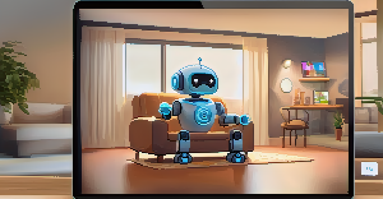 A friendly AI chatbot on a computer screen in a cozy living room, interacting with a customer through chat bubbles.