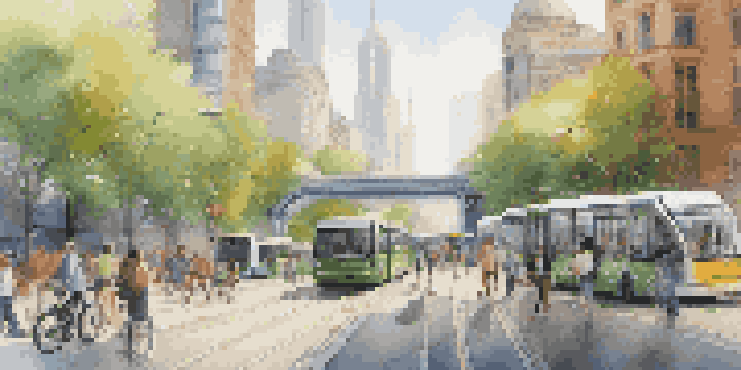 A lively smart city scene with buses, trams, cyclists, and pedestrians, surrounded by modern buildings and electric vehicle charging stations in warm morning light.