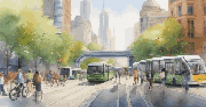 A lively smart city scene with buses, trams, cyclists, and pedestrians, surrounded by modern buildings and electric vehicle charging stations in warm morning light.