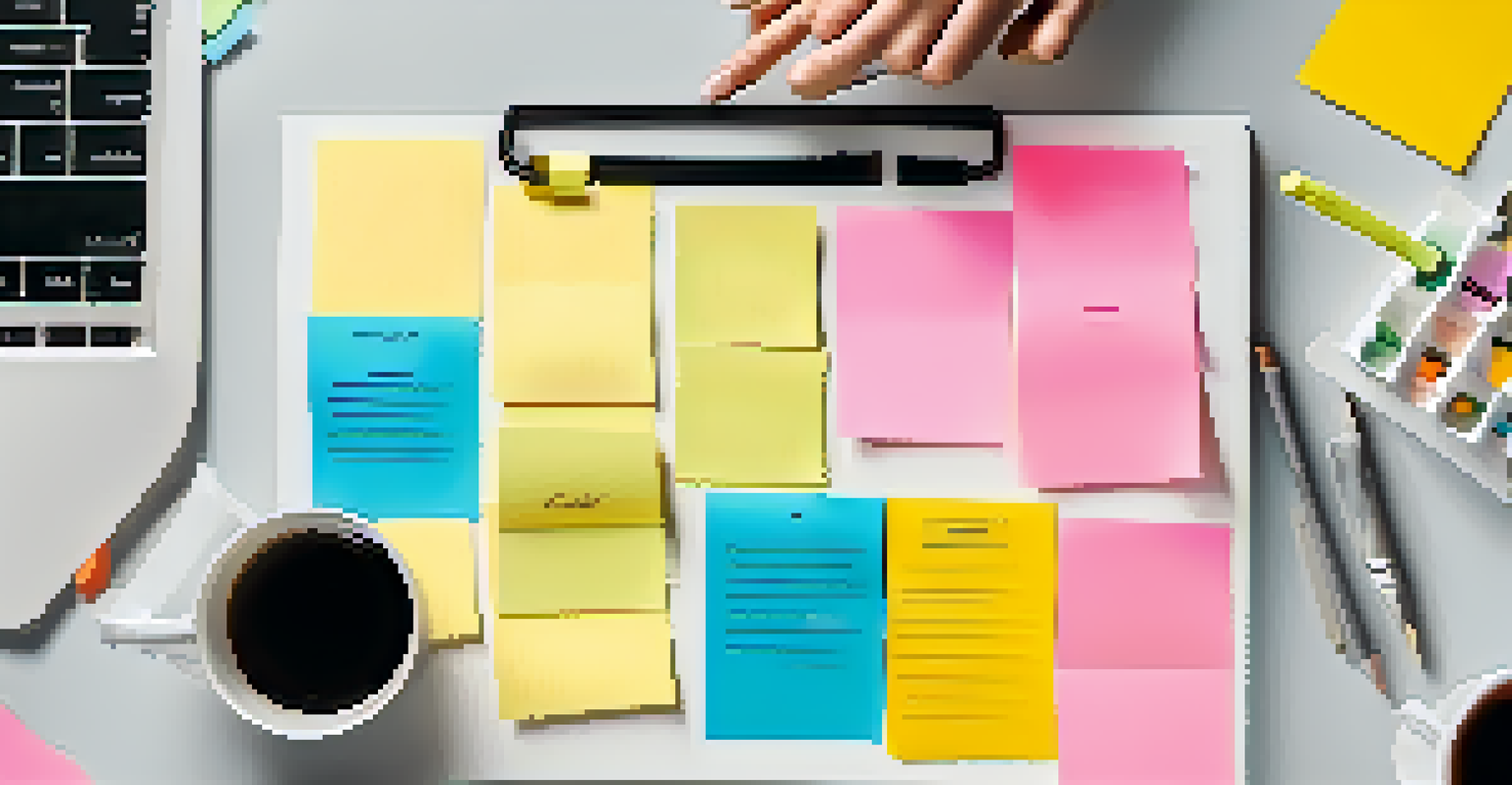 An overhead view of a scrum board with colorful sticky notes and a hand moving a note, symbolizing teamwork.