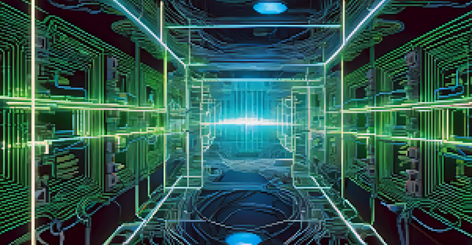 A detailed close-up of a quantum gate circuit with glowing wires and qubits against a dark background.