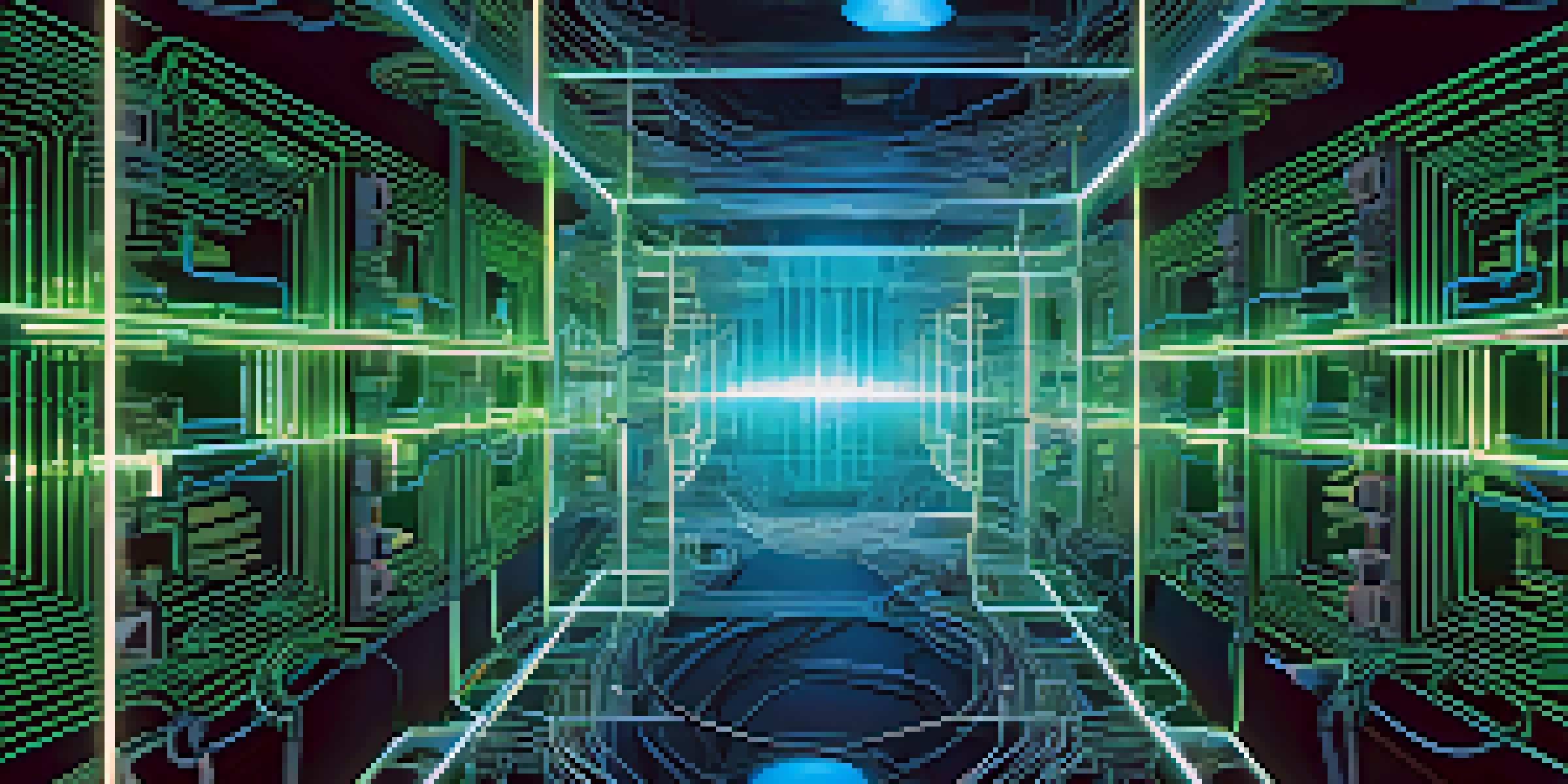A detailed close-up of a quantum gate circuit with glowing wires and qubits against a dark background.