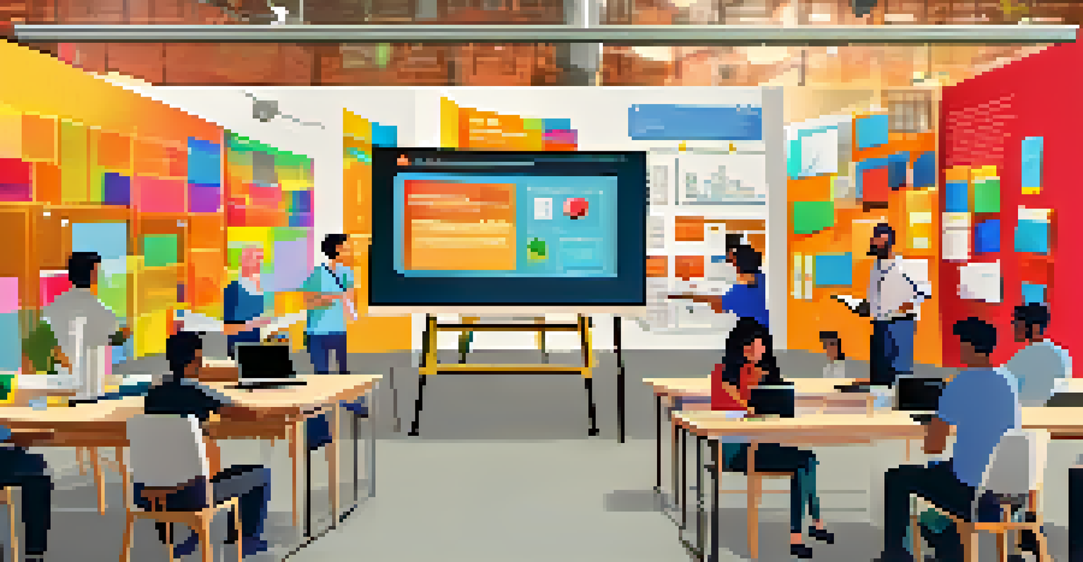 Employees engaged in a hands-on training workshop focused on new technologies, with an instructor demonstrating on a large screen.