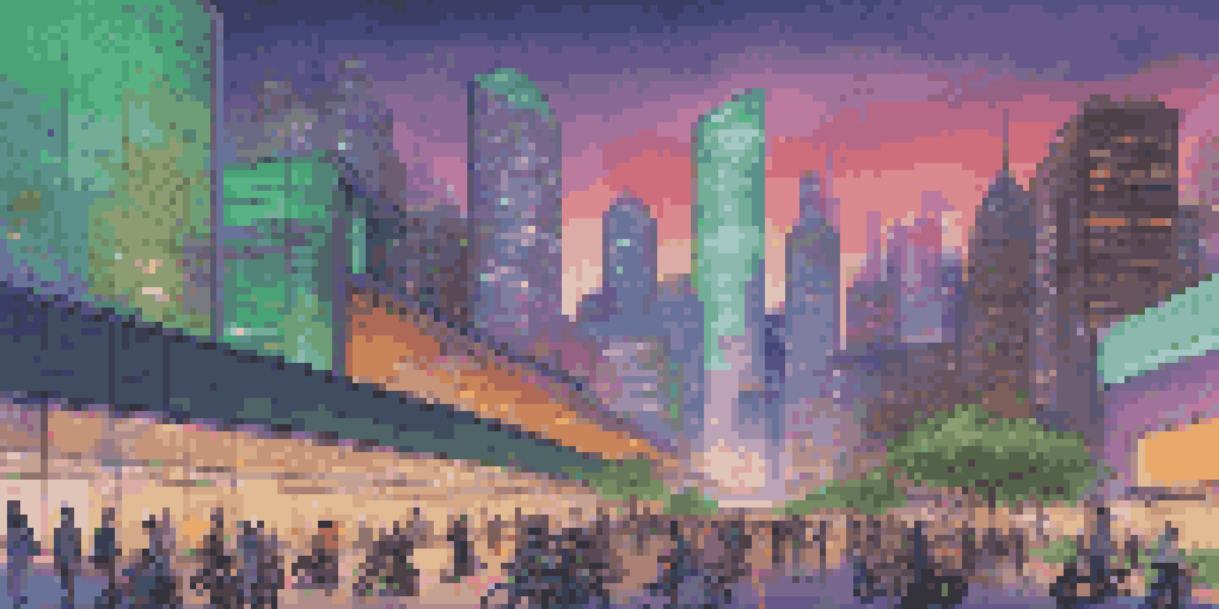 A lively smart city at twilight with skyscrapers, electric scooters, and autonomous vehicles.