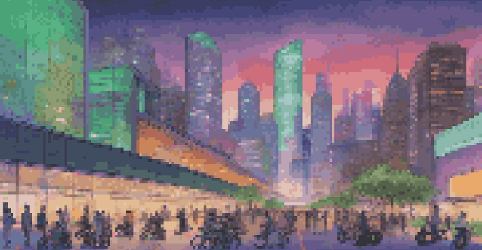 A lively smart city at twilight with skyscrapers, electric scooters, and autonomous vehicles.