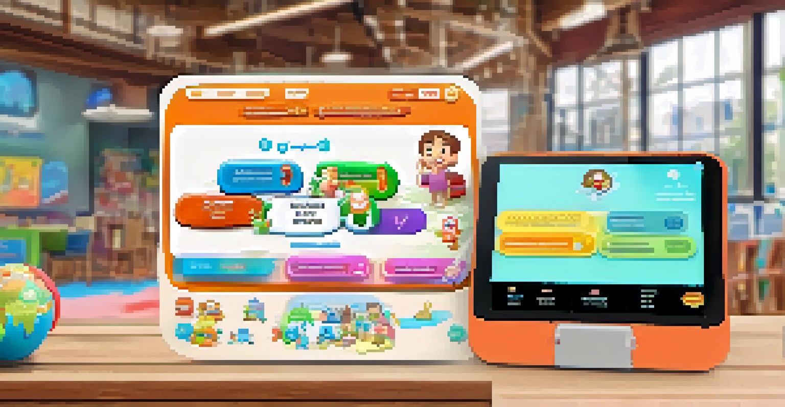 A close-up of a tablet showing a colorful language learning game interface with an AI character and interactive elements.